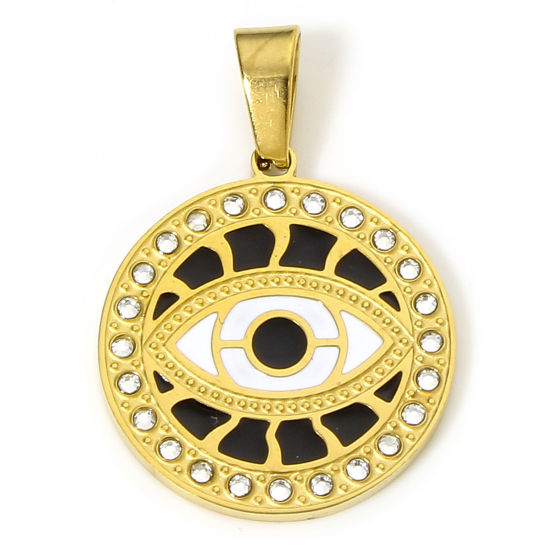 Image de 1 Pièce Pendentif Breloque en 304 Acier Inoxydable Placage sous Vide Religieux Rond Doré Noir & Blanc Yeux Émail à Strass Transparent 3cm x 2.1cm