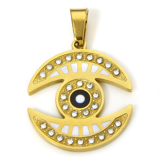 Image de 1 Pièce Pendentifs en 304 Acier Inoxydable Placage sous Vide Religieux Demi-Rond Doré Noir & Blanc Yeux Émail à Strass Transparent 3.2cm x 2.2cm