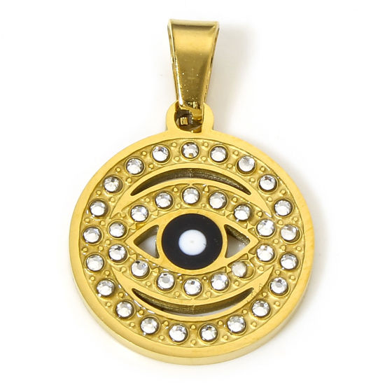 Image de 1 Pièce Pendentif Breloque en 304 Acier Inoxydable Placage sous Vide Religieux Rond Doré Noir & Blanc Yeux Émail à Strass Transparent 2.8cm x 1.9cm