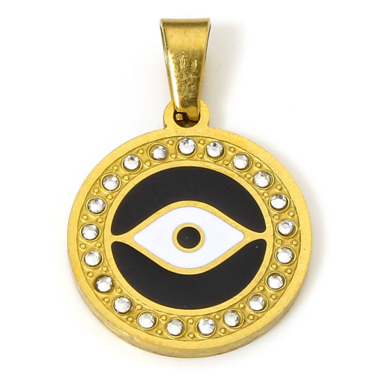 Image de 1 Pièce Pendentif Breloque en 304 Acier Inoxydable Placage sous Vide Religieux Rond Doré Noir & Blanc Yeux Émail à Strass Transparent 2.8cm x 1.9cm