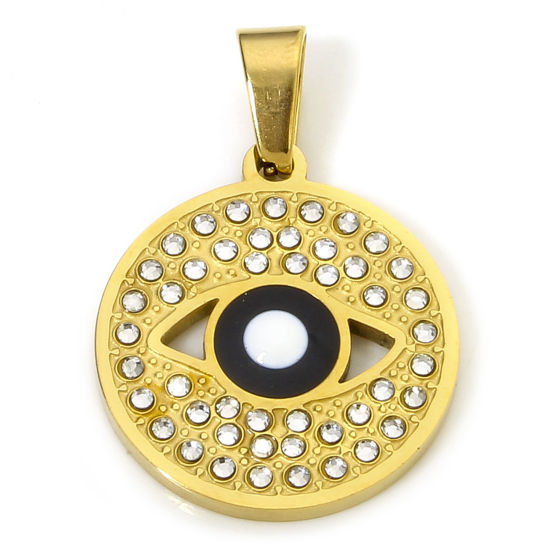 Image de 1 Pièce Pendentif Breloque en 304 Acier Inoxydable Placage sous Vide Religieux Rond Doré Noir & Blanc Yeux Émail à Strass Transparent 2.9cm x 2cm