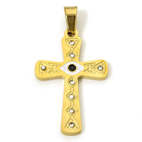 Immagine di 1 Pz Placcatura Sottovuoto 304 Acciaio Inossidabile Religione Ciondoli Pendenti Croce Oro Placcato Nero & Bianco Intagliato Smalto Trasparente Strass 3.8cm x 2cm