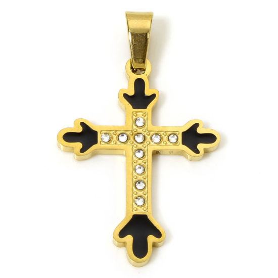 Immagine di 1 Pz Placcatura Sottovuoto 304 Acciaio Inossidabile Religione Ciondoli Pendenti Croce Oro Placcato Nero Freccia Smalto Trasparente Strass 3.6cm x 2.2cm