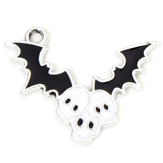 Picture of 10 PCs Zinc Based Alloy Halloween Charms Silver Tone Black & White Skeleton Skull Halloween Bat Enamel 28.5mm x 23mm