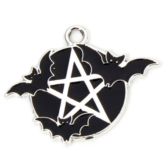 Picture of 10 PCs Zinc Based Alloy Halloween Charms Silver Tone Black & White Halloween Bat Animal Pentagram Star Enamel 27.5mm x 22mm