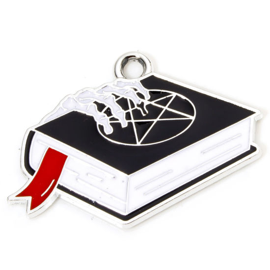 Picture of 10 PCs Zinc Based Alloy Halloween Charms Silver Tone Multicolor Book Hand Enamel 28mm x 20mm