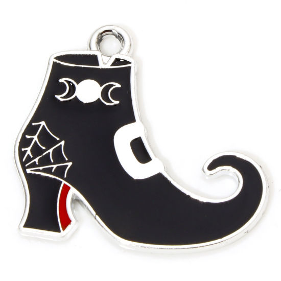 Picture of 10 PCs Zinc Based Alloy Halloween Charms Silver Tone Multicolor Shoes Moon Enamel 25mm x 23mm