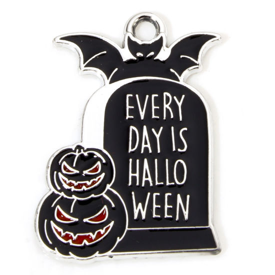 Picture of 10 PCs Zinc Based Alloy Halloween Charms Silver Tone Multicolor Pumpkin Halloween Tombstone Enamel 26mm x 19mm