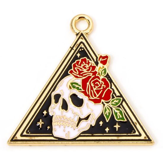 Picture of 10 PCs Zinc Based Alloy Halloween Charms Gold Plated Multicolor Skull Flower Enamel 26mm x 25mm