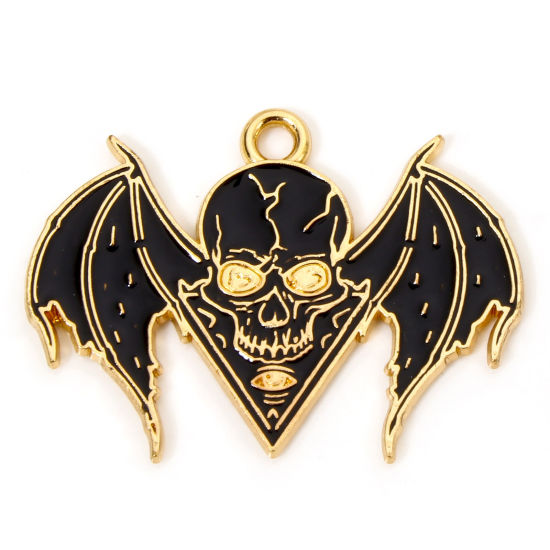 Picture of 10 PCs Zinc Based Alloy Halloween Charms Gold Plated Black Skull Wing Enamel 3cm x 2.2cm