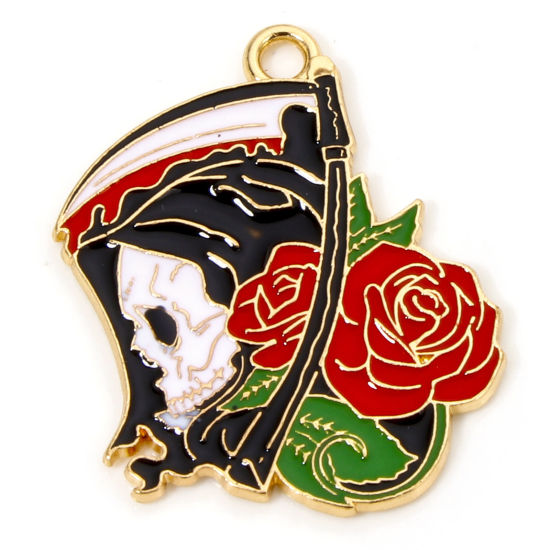 Picture of 10 PCs Zinc Based Alloy Halloween Charms Gold Plated Multicolor Skull Flower Enamel 28mm x 25mm