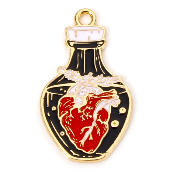 Picture of 10 PCs Zinc Based Alloy Halloween Charms Gold Plated Multicolor Anatomical Human Heart Potion Jar Bottle Enamel 3cm x 1.7cm