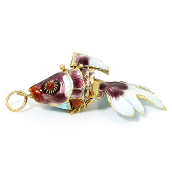 Bild von 1 Stück Messing Ozean Schmuck Anhänger Vergoldet Lila Fisch Beweglich 4.8cm x 2.4cm