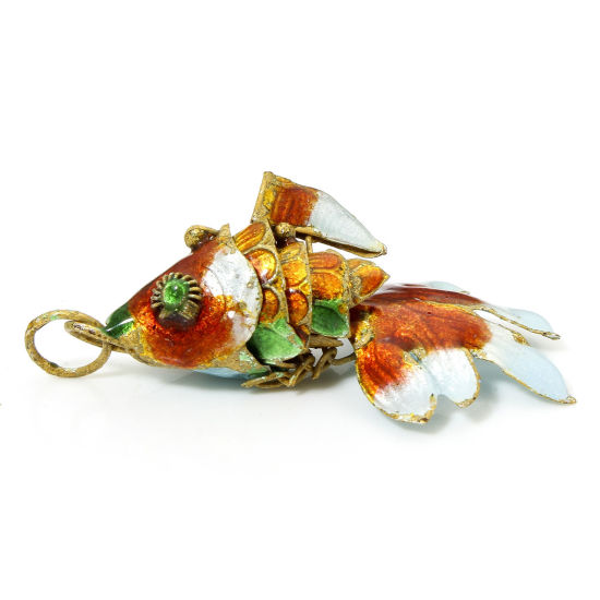 Image de 1 Pièce Pendentifs Bijoux d'Océan en Laiton Doré Rouge Orangé Poisson Mobile 4.8cm x 2.4cm