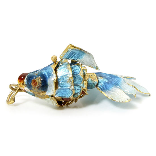 Image de 1 Pièce Pendentifs Bijoux d'Océan en Laiton Doré Bleu Lac Poisson Mobile 4.8cm x 2.4cm