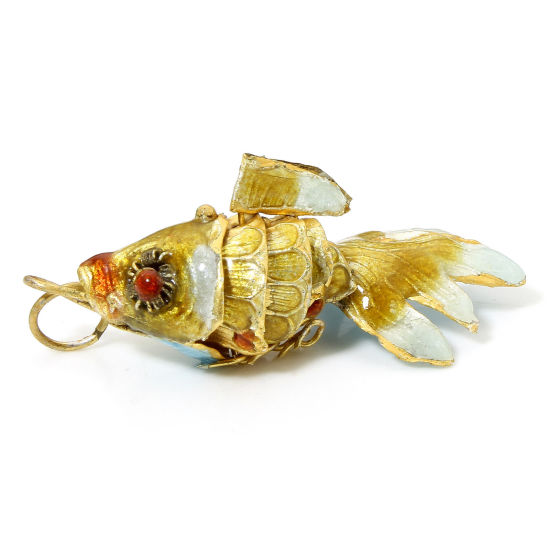 Bild von 1 Stück Messing Ozean Schmuck Anhänger Vergoldet Golden Fisch Beweglich 4.8cm x 2.4cm