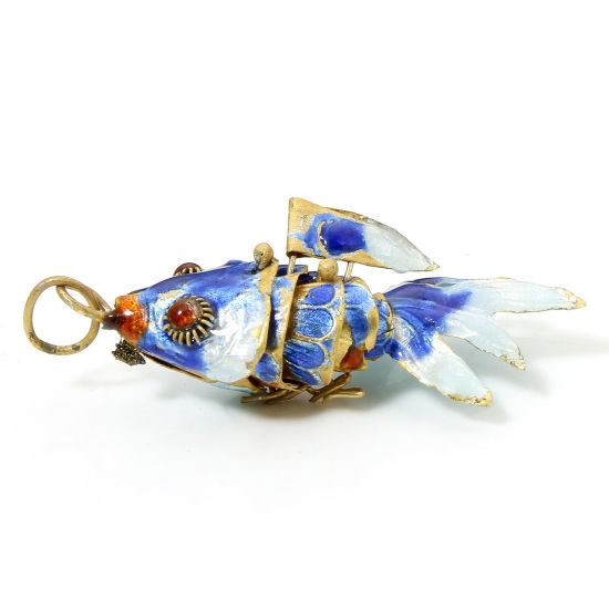 Image de 1 Pièce Pendentifs Bijoux d'Océan en Laiton Doré Bleu Clair Poisson Mobile 4.8cm x 2.4cm