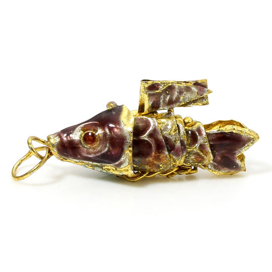 Image de 1 Piece Brass Ocean Jewelry Charms Gold Plated Purple Fish Animal Movable 3D 28mm x 8mm