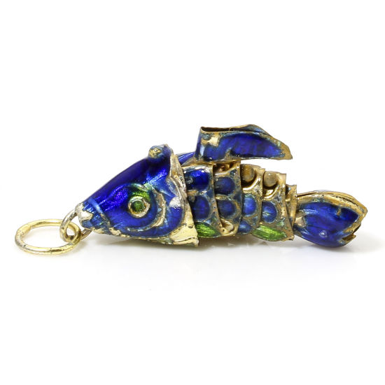 Picture of 1 Piece Brass Ocean Jewelry Charms Gold Plated Blue Fish Animal Movable 3D 28mm x 8mm