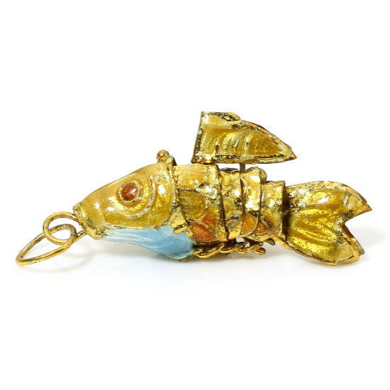 Picture of 1 Piece Brass Ocean Jewelry Charms Gold Plated Yellow Fish Animal Movable 3D 28mm x 8mm