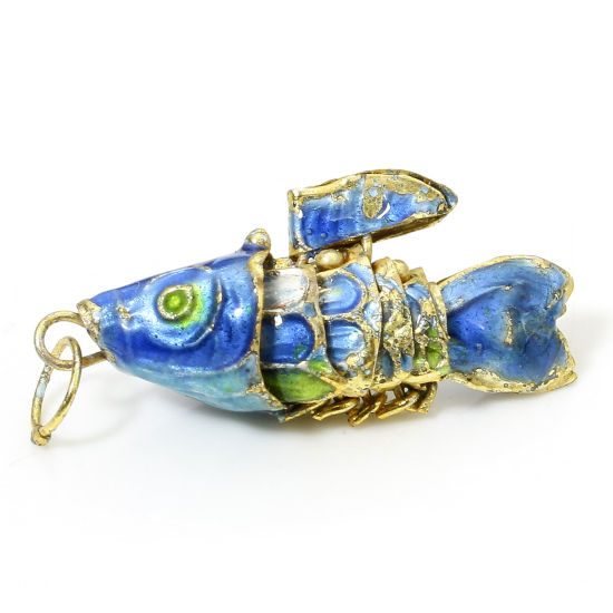 Picture of 1 Piece Brass Ocean Jewelry Charms Gold Plated Light Blue Fish Animal Movable 3D 28mm x 8mm