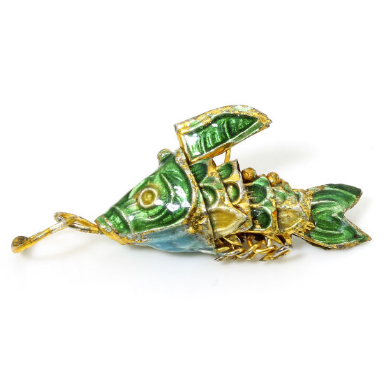 Image de 1 Piece Brass Ocean Jewelry Charms Gold Plated Green Fish Animal Movable 3D 28mm x 8mm