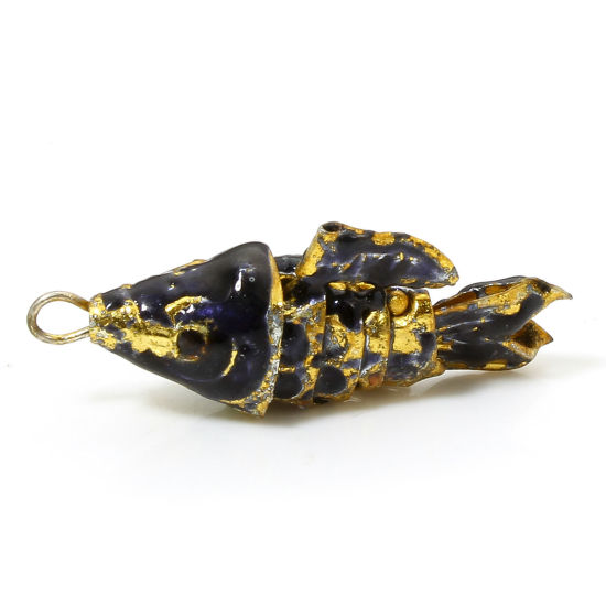 Picture of 1 Piece Brass Ocean Jewelry Charms Gold Plated Black Fish Animal Movable 3D 28mm x 8mm