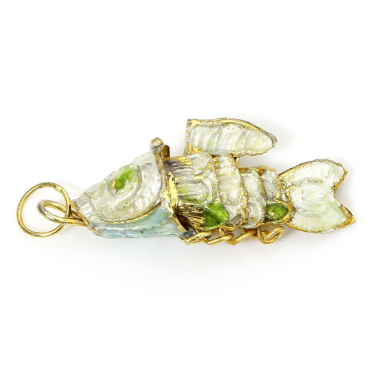 Picture of 1 Piece Brass Ocean Jewelry Charms Gold Plated White Fish Animal Movable 3D 28mm x 8mm