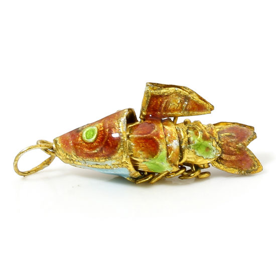 Picture of 1 Piece Brass Ocean Jewelry Charms Gold Plated Pink Fish Animal Movable 3D 28mm x 8mm