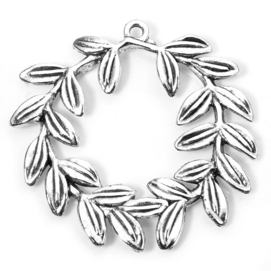 Picture of 10 PCs Zinc Based Alloy Pendants Antique Silver Color Olive Branch Wreath Hollow 4cm x 3.9cm