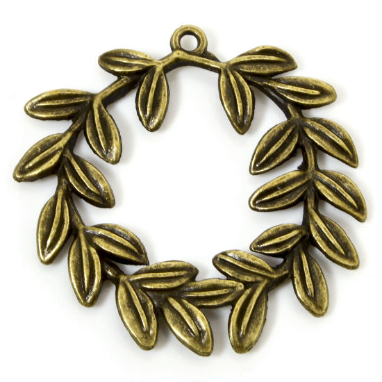 Picture of 10 PCs Zinc Based Alloy Pendants Antique Bronze Olive Branch Wreath Hollow 4cm x 3.9cm