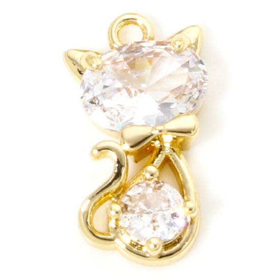 Picture of 1 Piece Eco-friendly Brass Charms 14K Real Gold Plated Cat Animal Clear Cubic Zirconia 16mm x 9mm