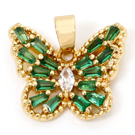 Picture of 1 Piece Brass Insect Charm Pendant Gold Plated Butterfly Animal Hollow Green Rhinestone 16mm x 16mm