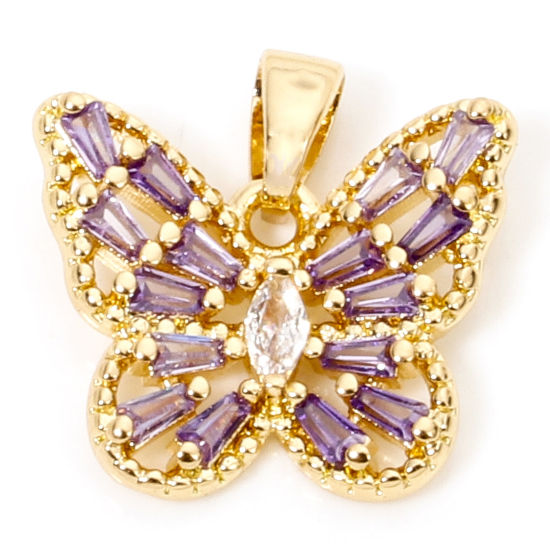 Picture of 1 Piece Brass Insect Charm Pendant Gold Plated Butterfly Animal Hollow Purple Rhinestone 16mm x 16mm
