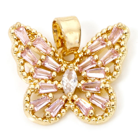 Picture of 1 Piece Brass Insect Charm Pendant Gold Plated Butterfly Animal Hollow Pink Rhinestone 16mm x 16mm