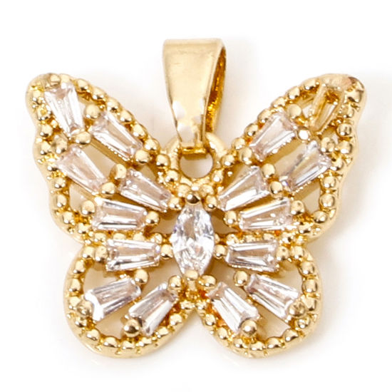 Picture of 1 Piece Brass Insect Charm Pendant Gold Plated Butterfly Animal Hollow Clear Rhinestone 16mm x 16mm