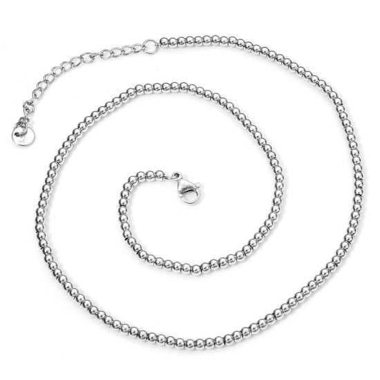 Picture of 1 Piece 304 Stainless Steel Beaded Chain Beaded Necklace For DIY Jewelry Making Silver Tone 40cm(15 6/8") long, Chain Size: 3mm