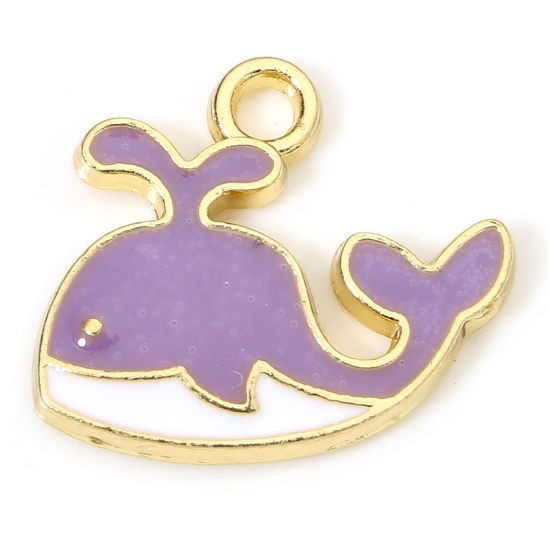 Immagine di 10 Pz Lega di Zinco Gioielli Oceanici Ciondoli Oro Placcato Colore Viola Balena Smalto 16mm x 14mm