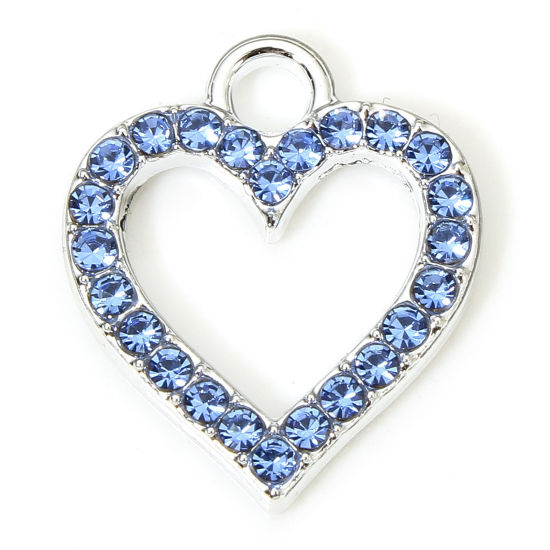 Picture of 10 PCs Zinc Based Alloy Valentine's Day Charms Silver Tone Heart Micro Pave Blue Rhinestone 17.5mm x 15mm