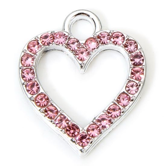 Picture of 10 PCs Zinc Based Alloy Valentine's Day Charms Silver Tone Heart Micro Pave Pink Rhinestone 17.5mm x 15mm