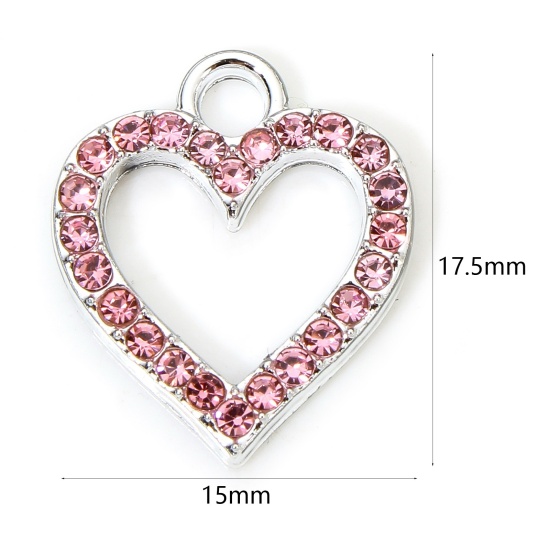 Picture of 10 PCs Zinc Based Alloy Valentine's Day Charms Silver Tone Heart Micro Pave Pink Rhinestone 17.5mm x 15mm