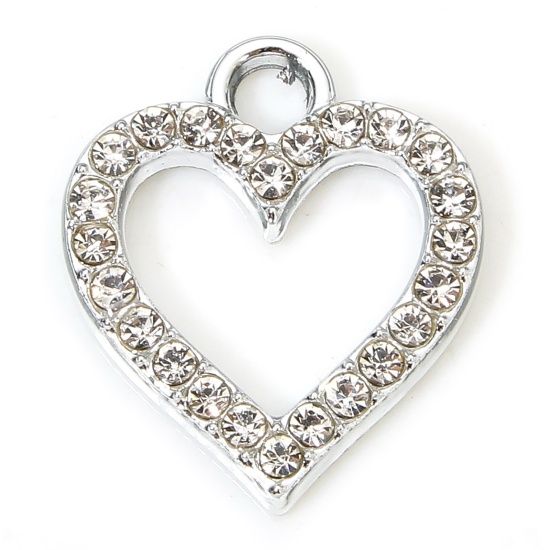 Picture of 10 PCs Zinc Based Alloy Valentine's Day Charms Silver Tone Heart Micro Pave Clear Rhinestone 17.5mm x 15mm