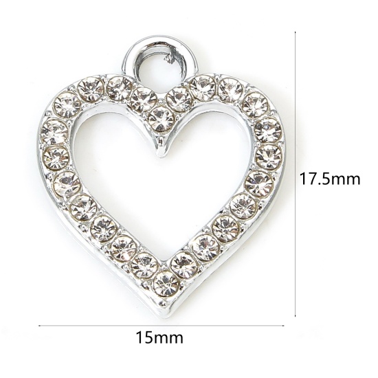 Picture of 10 PCs Zinc Based Alloy Valentine's Day Charms Silver Tone Heart Micro Pave Clear Rhinestone 17.5mm x 15mm