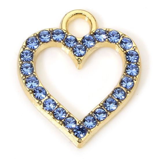 Picture of 10 PCs Zinc Based Alloy Valentine's Day Charms Gold Plated Heart Micro Pave Blue Rhinestone 17.5mm x 15mm