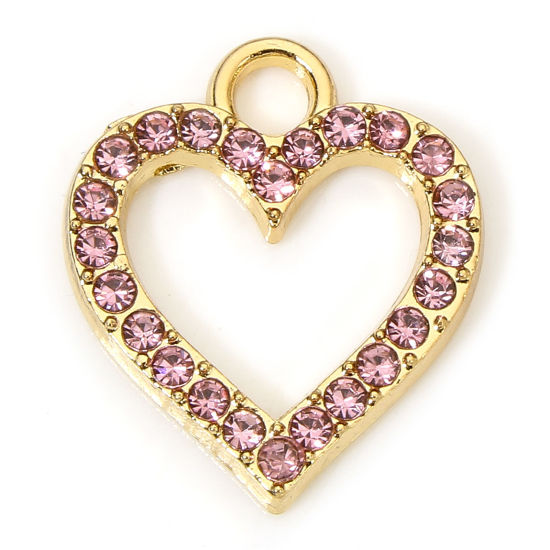 Picture of 10 PCs Zinc Based Alloy Valentine's Day Charms Gold Plated Heart Micro Pave Pink Rhinestone 17.5mm x 15mm