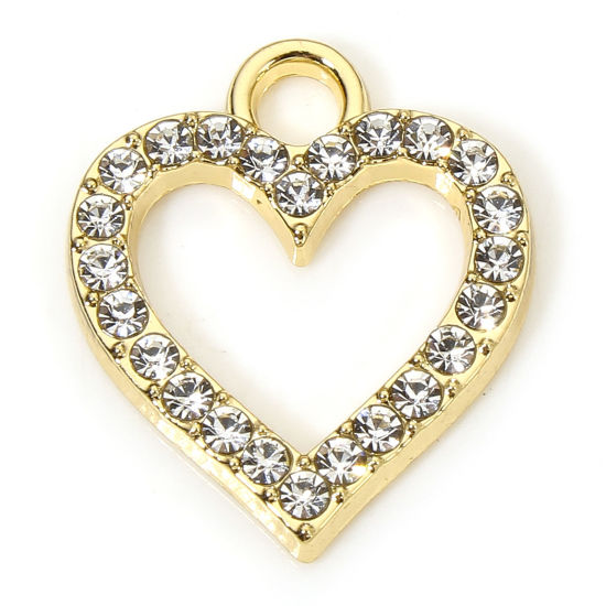 Picture of 10 PCs Zinc Based Alloy Valentine's Day Charms Gold Plated Heart Micro Pave Clear Rhinestone 17.5mm x 15mm