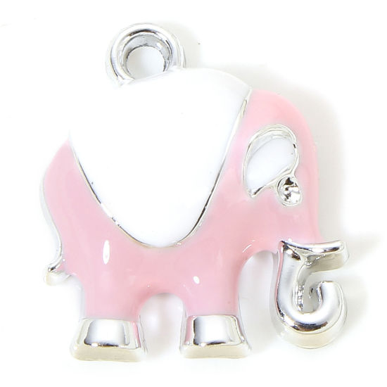 Picture of 10 PCs Zinc Based Alloy Charms Silver Tone Pink Elephant Animal Enamel 17mm x 15mm