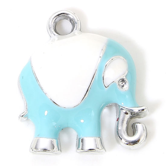 Picture of 10 PCs Zinc Based Alloy Charms Silver Tone Blue Elephant Animal Enamel 17mm x 15mm