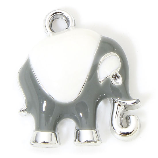 Picture of 10 PCs Zinc Based Alloy Charms Silver Tone Gray Elephant Animal Enamel 17mm x 15mm