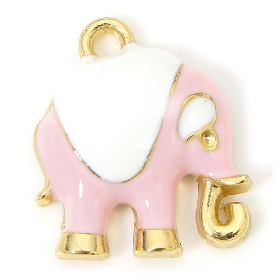 Picture of 10 PCs Zinc Based Alloy Charms Gold Plated Pink Elephant Animal Enamel 17mm x 15mm